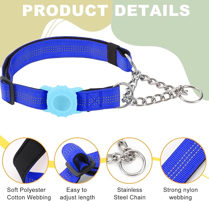Cymiler Martingale Dog Collar with AirTag Holder, Reflective Nylon Training Collar, Stainless Steel Chain, Heavy Duty Buckle, Limited Slip Collars for Small Medium Large Dogs (Blue, Large)