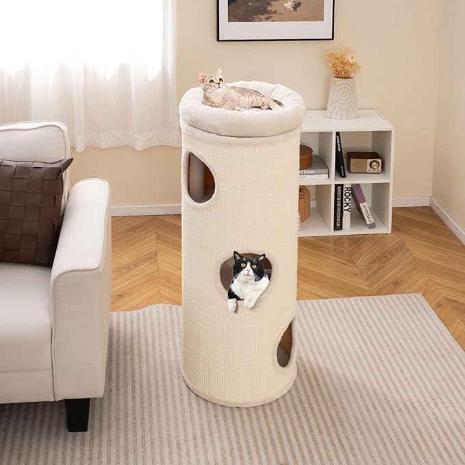 PETSITE 4-Story Cat Tree Condo, 49 Inch Multi-Level Barrel-Shaped Cat House with Sisal Scratching Pad, 3 Hideaways, Removable Soft Top Plush Bed, Ideal for Indoor Cats