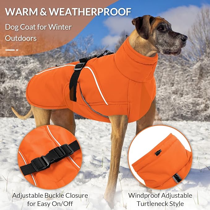 Queenmore Winter Dog Coat Warm Dog Jacket Vest Waterproof Puffer Fleece Snowsuit Adjustable Buckle Leash Hole Reflective Cold Weather Parka for Small Medium Large Dogs Girl Boy Orange XXL