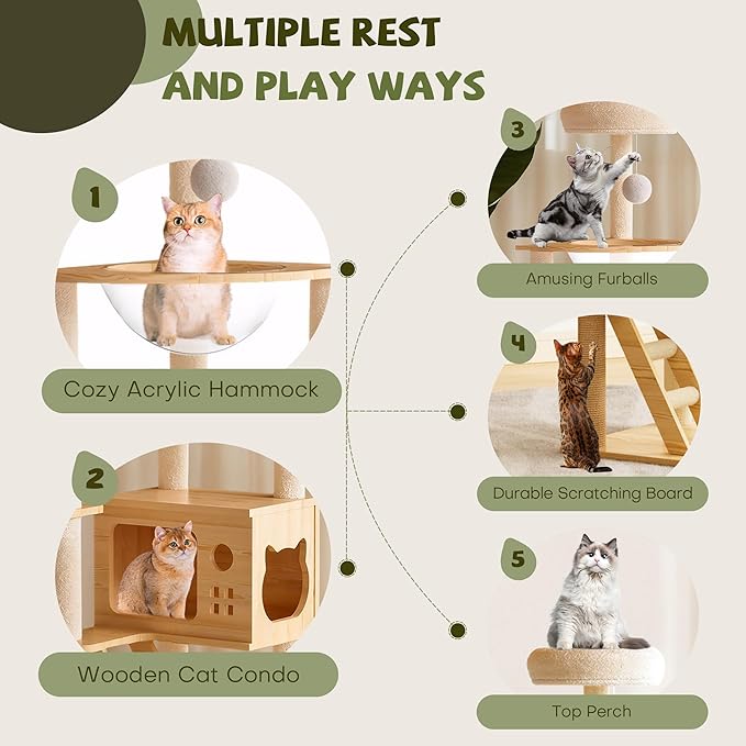 48.4" Tall Cat Tree, Wood Cat Tower for Indoor, Cat Condo with Acrylic Hammoc, Climbing Tower with Sisal-Covered Scratching Posts and Top Perch for Small Large Cats