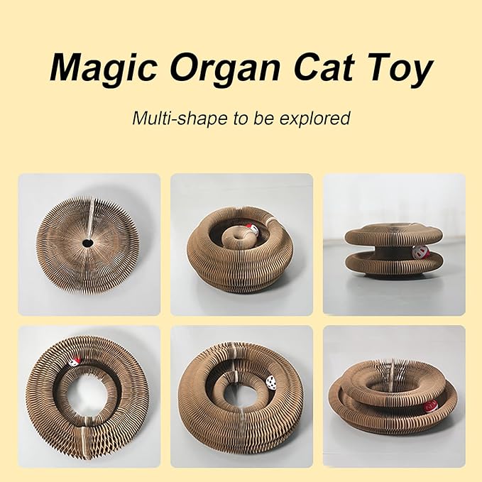 Kitty Curls Cat Toy, Magic Organ Cat Interactive Scratcher Cardboard with Bell Ball, Foldable & Changeable Accordion Shape Exercise Anxiety Relief Toy for Indoor Cats (1PCS)