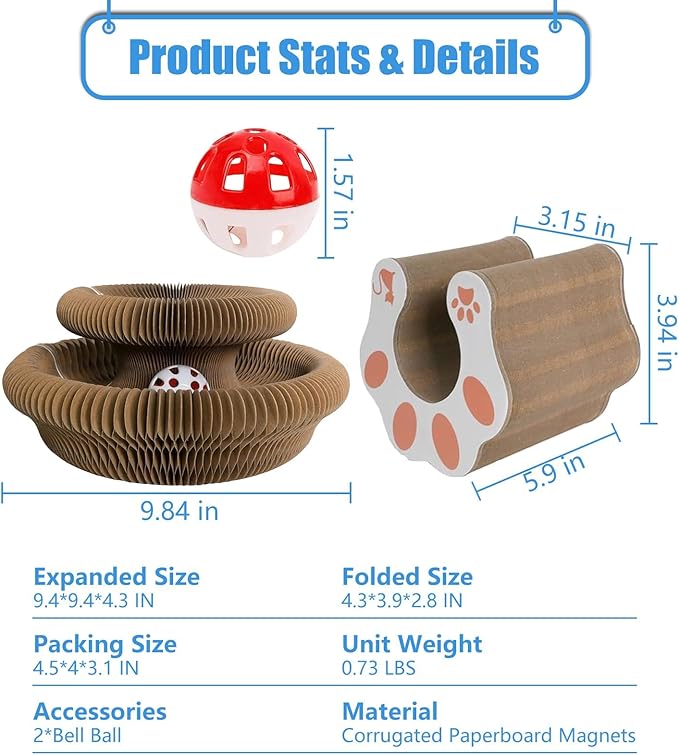 2 Pack Kitty Kurls Cat Scratcher, Magic Organ Cat Toy Scratching Board with Bell Balls, Reversible Corrugated Cardboard for Pet Claw Care
