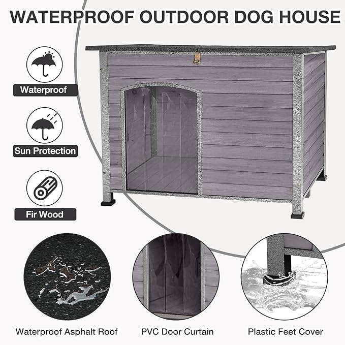 43.3’’ Large Dog House Outdoor Weatherproof Dog Kennel with Upgraded Thickened Metal Frame, Dog Shelter with PVC Curtain, Openable Roof and Removable Floor, Easy to Clean (Grey)