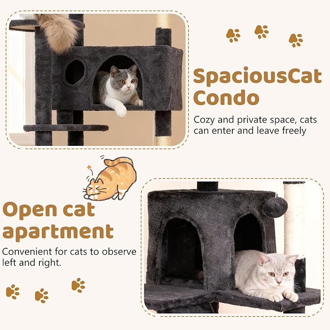 BestOffice 81 Inch Cat Tree, Multi-Level Cat Tower with Condo, Perches, Sisal Scratching Posts, Climbing Ladder,Indoor Activity Center Play House for Kittens & Adult Cats, Dark Gray