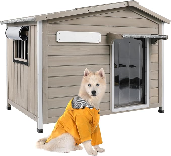 Outdoor Dog House with Reinforced Iron Frame, Wooden Kennel with Weather-Resistant Roof, Removable Floor, Vent Window & Easy Assembly, for Medium & Large Dogs, 40" L x 26" W x 33.5" H