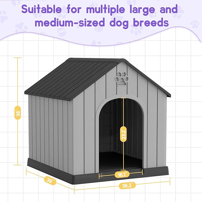 Bifanuo Large Dog House for Outdoor & Indoor, Waterproof Puppy Shelter with Air Vents & Elevated Floor, Easy Assemble Sturdy Dog Kennel for Large Dogs (Classic Black, 36.2''L×38''W×38''H)