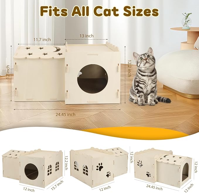 Wooden Cat Scratcher House,Cat House with Scratch Cardboard Pad,2 Tier Sturdy Kittens Bed House Indoor with Air Vents for Small to Large Sized Cats and Rabbits Use