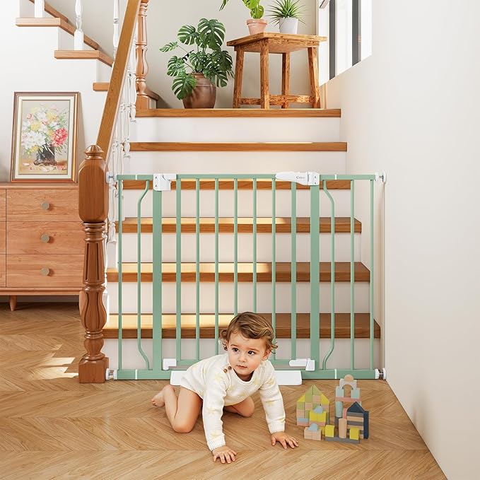 29"-40" Baby Gate for Stairs, Auto Close Stroller Friendly Dog Gate Indoor for Doorways, Pressure Mounted Baby Gate, Easy Walk Through Gate for Children & Pets, Green