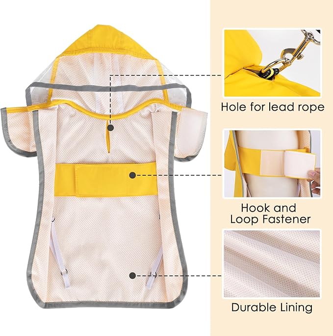 SlowTon Dog Raincoat, Adjustable Dog Rain Jacket Clear Hooded Double Layer, Waterproof Poncho with Reflective Strip Straps and Storage Pocket for Small Medium Large Dog (Yellow XL)
