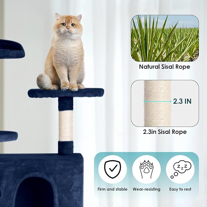 Cat Tree 53 inches Cat Tower for Indoor Cats Cat House with Replaceable and Removable Dangling Ball Cat Trees and Towers with Funny Toys, Navy Blue