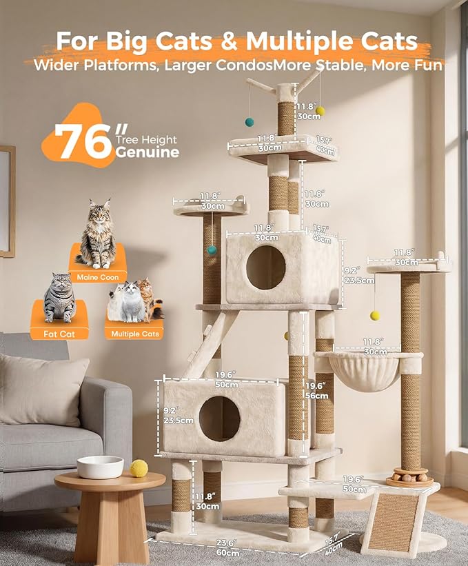 Catlike Rock-Solid 76" Tall Cat Tree Tower for Indoor Cats Large Adult, Heavy Duty Multi-Level Large Cat Tree with Sisal Scratching Posts, Perches, Cat Condos, Hammock Baskets, Cat Tower Natural Beige