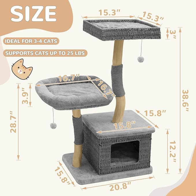Modern Cat Tree for Indoor Cats - Multi-Level Wooden Tower with Scratching Posts, Large Jumping Platforms, Hanging Toy - Modern Luxury Cat Furniture for Indoor Cats-Grey