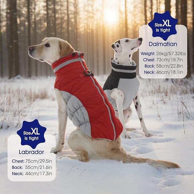 FUAMEY Dog Coat for Large Dogs,Waterproof Dog Winter Jacket with Harness Built in Puppy Cold Weather Coats Reflective Pet Vest with Zipper Warm Fleece Dogs Snowsuit Windproof Black XXXL