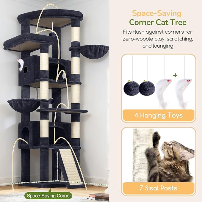 Globlazer Extra Large Heavy Duty Cat Tree, 80in Tall Sturdy Cat Tree Tower for Multiple Indoor Cats Large Adult with Scratching Posts, 2 Spacious Condos with Padding, 2 Soft Perches, S80C, Dark Grey