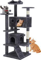 Sweetcrispy 54-Inch Cat Tree Tower – Multi-Level with Sisal Scratching Post, Perfect Pet Gift, Indoor Condo with Climbing Ladder, Plush Toy, and More Animal Stuff, Grey