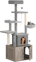 Cat Tree with Litter Box Enclosure Large, Multilevel Cat Play House with Large Condo, Spacious Hammock, Cozy Top Perch,Scratching Post and Dangling Balls,Wooden Cat Furniture for Indoor Cats,Grey
