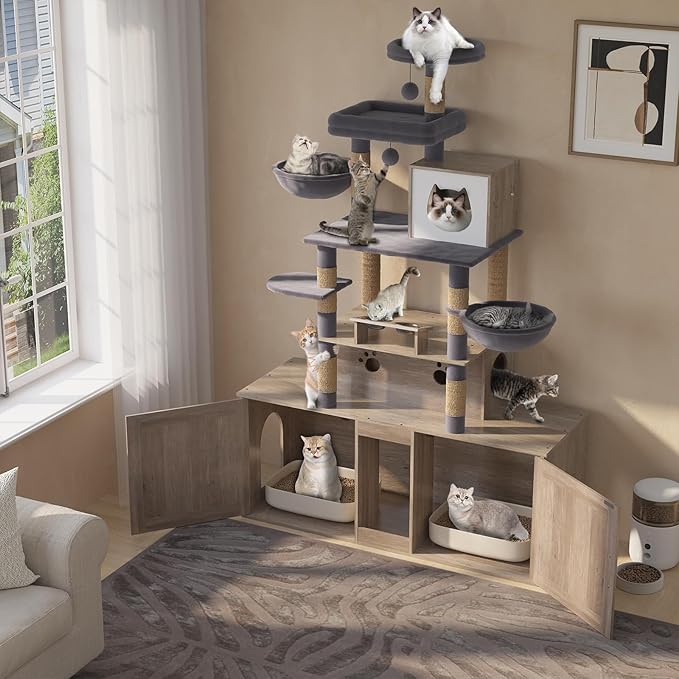 HavenlyYouth Cat Tree with 2 Litter Box Enclosures, All-in-One Cat Tower, Cat Condo with Sisal Scratching Posts, Hammocks, Detachable Plush Ball, Wooden Cat Furniture with Large Platforms, Grey
