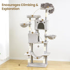 Large Cat Tree Tower for Indoor Cats Adult, 74.8 Inch Tall Multi-Level Kitty Condo with Scratching Posts, Perch, Hammock, Plush Bed for Big Cats, Modern Cat Furniture Heavy Duty (Light Grey)