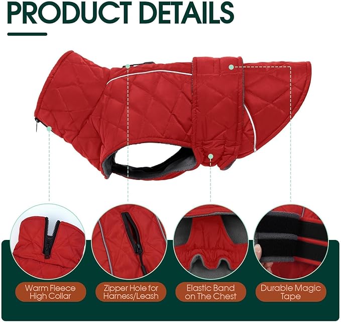 Kuoser Dog Jacket Warm Fleece Lined Dog Coats for Small Dogs, Waterproof Pet Coat Reflective Puppy Snowsuit with Harness Hole for Cold Weather Walking Hiking, Quilted Dogs Winter Vest, Red, S