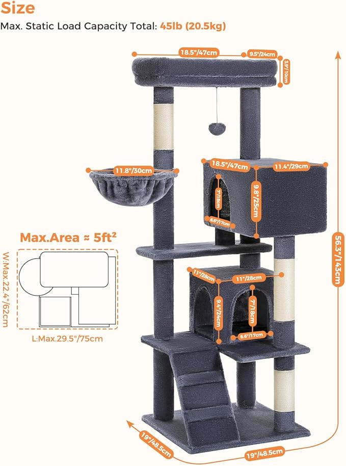 PEQULTI 56.3'' Cat Tree for Large Cats with Super Large Top Perch, Tower for Indoor Cats with Hammock and Sleeping Bag, Cat Shelves with Scratching Posts and 2 Condos Houses Dark Grey
