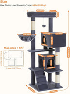 PEQULTI 56.3'' Cat Tree for Large Cats with Super Large Top Perch, Tower for Indoor Cats with Hammock and Sleeping Bag, Cat Shelves with Scratching Posts and 2 Condos Houses Dark Grey