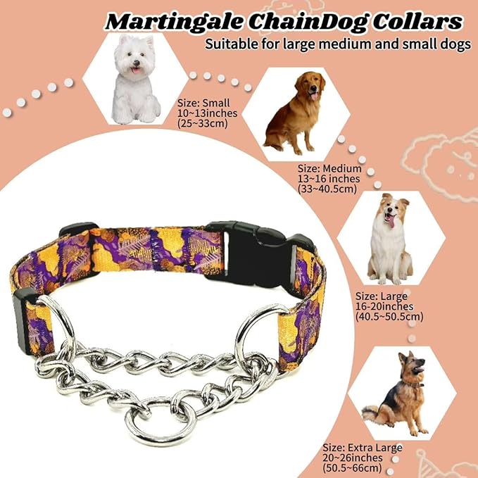Martingale Dog Collar with Chain Stainless Steel, Nylon Dog Collar Flowers Pattern, Adjustable Training Walking Collar with Quick Release Buckle, Slip Chain Collar for Puppy Medium Large Dogs