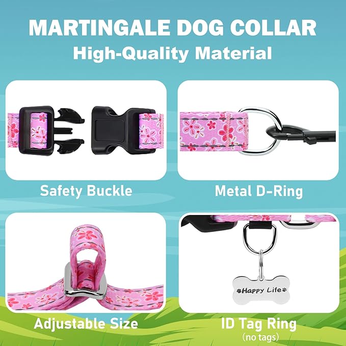 Reflective Martingale Collar for Dogs with Quick Release Buckle Cute Girl Female Flower Dog Collars (Pink Floral, Medium)