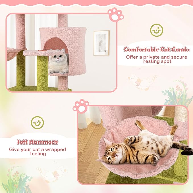 Tangkula Flower Cat Tree, 58 Inch Tall Cat Tower with Plush Padded Top Perch, Cat Condo, Hammock, Sisal Scratching Posts & Board, Dangling Balls, Indoor Pink Floral Cute Cat Tree