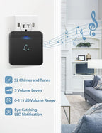 AVANTEK Wireless Doorbell, Waterproof Door Bell Chime Operating at over 1300 Feet, Classroom Doorbell with 52 Melodies, CD Quality Sound and LED Flash, 1 Button + 2 Plug-in Receivers, D-3B