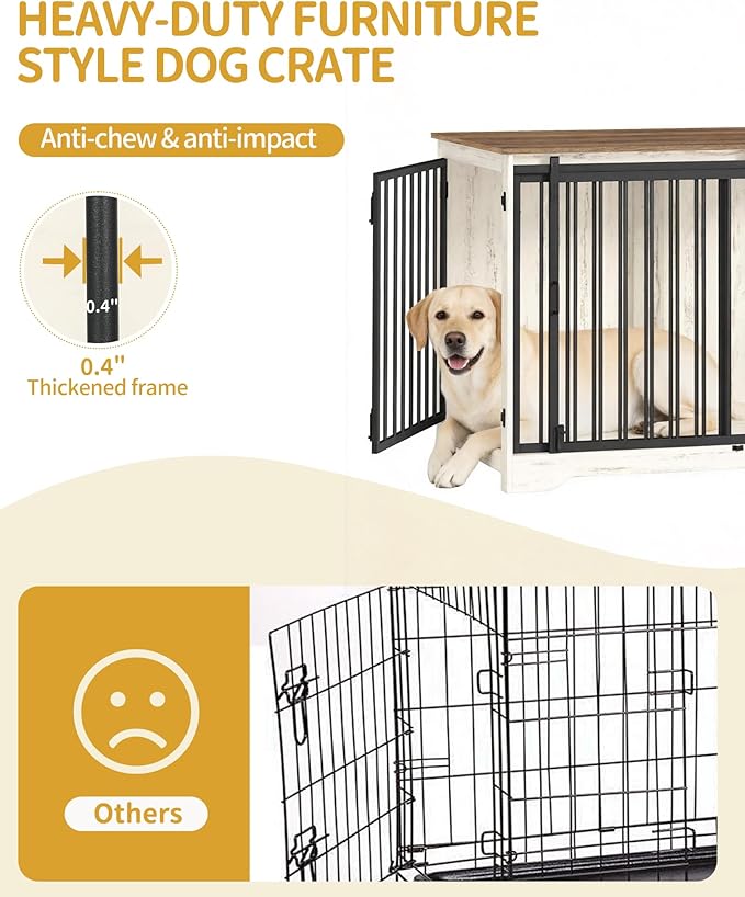 43.3" Dog Crate Furniture with Barn Door, Heavy Duty Dog Kennel Indoor with 2 Doors, Wooden Pet Cage End Table for Large Small Medium Dogs, Anti-Chew Anti-Escape, White Brown DFC92314B