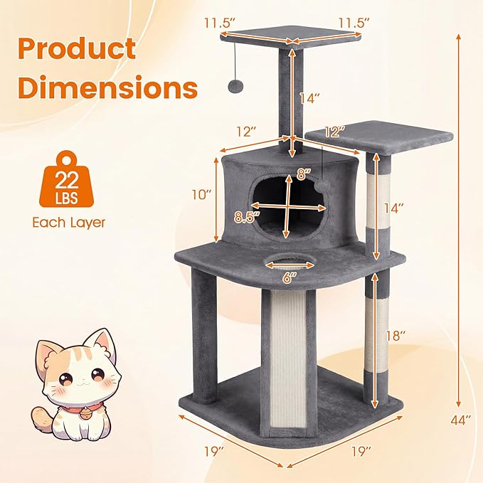 PETSITE 44-inch Multi-Level Cat Tree, Modern Cat Tower with Sisal Scratching Posts, Cozy Condo, Playful Cat Hole, Sisal Covered Ladder, and Dangling Ball, Ideal for Indoor Cats and Kittens (Grey)