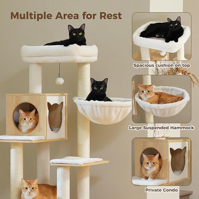 PETEPELA Cat Tree with Litter Box Enclosure, 2-in-1 Wood Cat Tower for Indoor Large Cats, 57.5'' Cat Condo with Scratching Posts, Cozy Hammock and Repalcable Dangling Balls, Beige