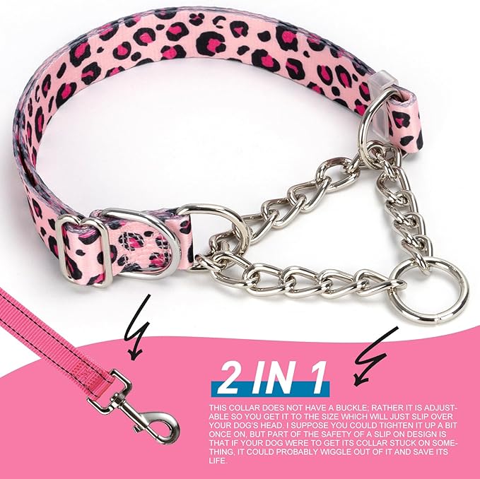 Pink Leopard Martingale Dog Collar - No-Pull Training Collar with Chain, Soft & Durable Design for Medium, Large & XL Dogs (XL Pink Leopard)