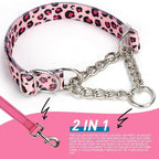 Pink Leopard Martingale Dog Collar - No-Pull Training Collar with Chain, Soft & Durable Design for Medium, Large & XL Dogs (XL Pink Leopard)