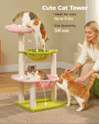 Flower Cat Tree with 2 Large Hammocks, 37.4" Small Cat Tower for Indoor Kitty with 6 Scratching Posts, Cute Cat Tree with Flower Top Perch, Pink