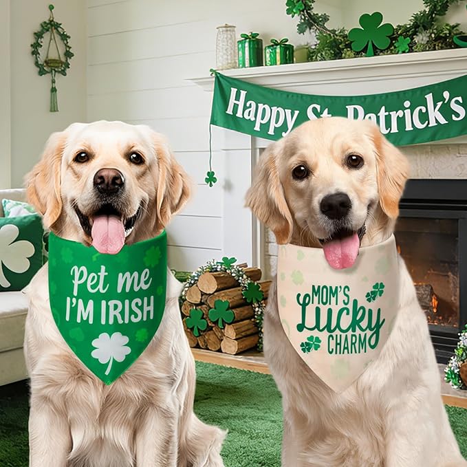 St. Patrick's Day Dog Bandanas XLarge 2PCS, 4 Pattern Green Scarf for Boy and Girl, Triangle Reversible Bibs Breed for Puppy Pets