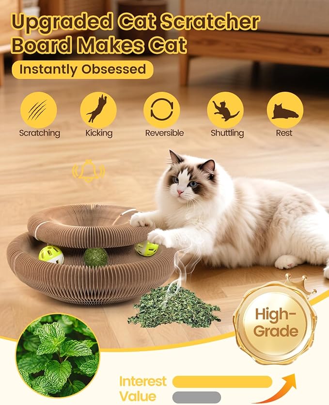 2PCS Upgraded-Magnetic Kitty Kurls Cat Scratcher Toy, Interactive Cardboard Cat Toy for Mental Physical Exercise, Multi-Shape Magic Organ Cat Toy for Indoor Cats Infinite-Flip, Brown/Orange, M