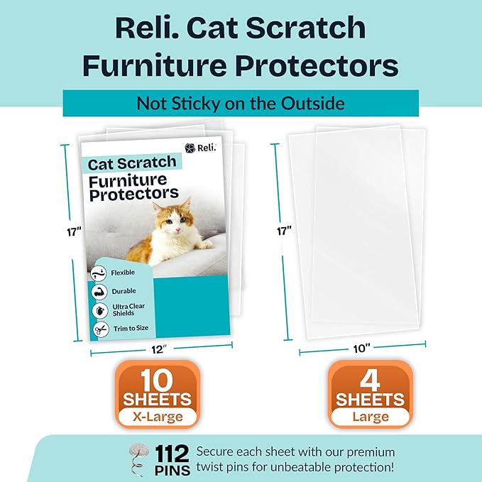Reli. Cat Scratch Furniture Protector (14 Pack w/Pins) XL | Cat Couch Protector from Claws | Clear Plastic Anti Scratch Furniture Shield for Sofa