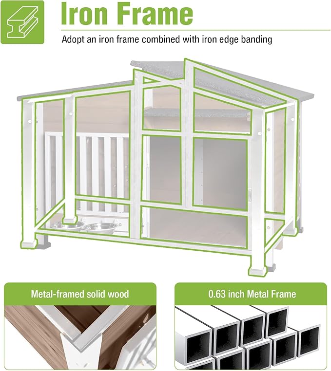 Dog House for Outdoor Use with Matel Frame, Waterproof Design -All-Weather Wooden Kennel with Sliding Window & Metal Frame (Brown-1, L)