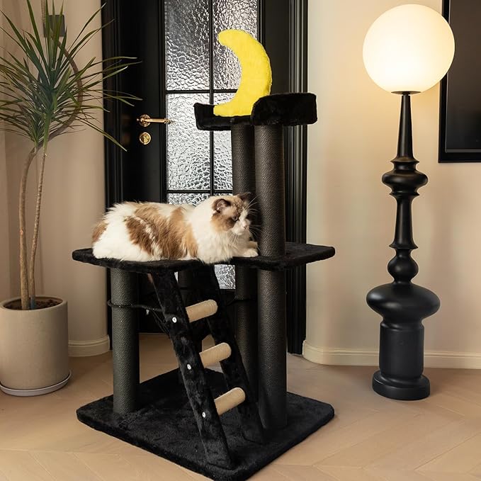 Happy&Polly Gothic Cat Tree- Black Cat Tower with Spacious Private Basket Bed, Natural Sisal Scratch Post& Climbing Ladder with Hanging Bat Toy,Multi-Level Cat Activities Furniture for Perching