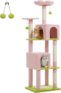 PAWZ Road Pink Flower Cat Tree Tower 62 Inches Cat Tree with 2 Condos,2 Flower Perches,4 Scratching Posts & 1 Scratching Board, and 2 Hanging Balls for Indoor Cats