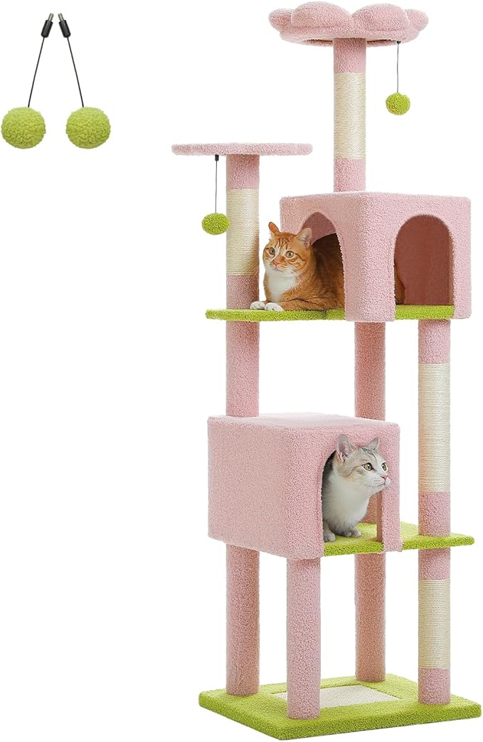 PEQULTI 62" Cat Tree for Indoor Cats, Multi-Level Cat Tower with Cozy Cat Condo Clearance Prime, Pink