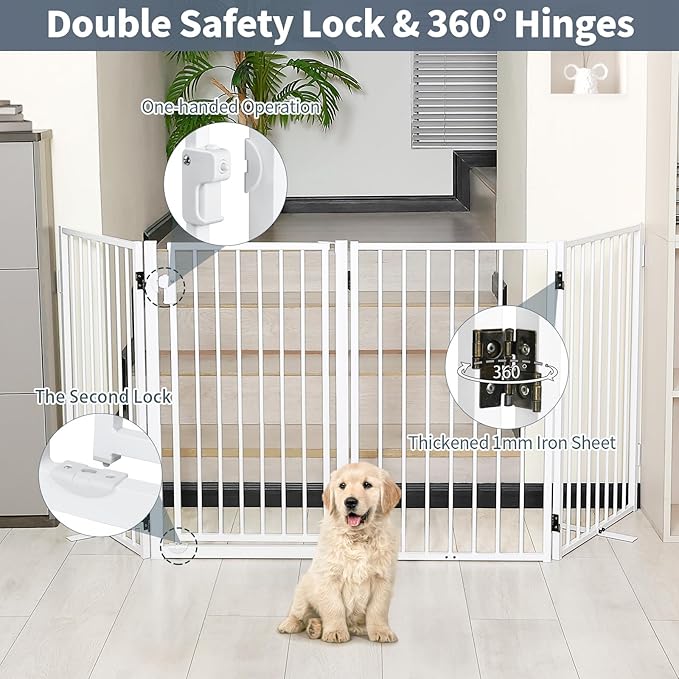 Metal Freestanding Dog Gates with Door for Outdoor Indoor,80'' Extra Wide 32'' Tall Free Standing Dog Gate for Doorways,Large Openings,Deck,Yard,Porch,Foldable Pet Fence(White,4 Panels)