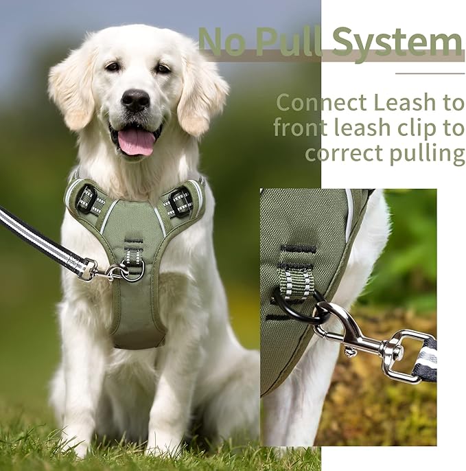 HEELE Dog Harness, Dog Harness for Small Medium Large Dogs No Pull Adjustable Padded Reflective Harness with Handle for Walking Training, Green, L