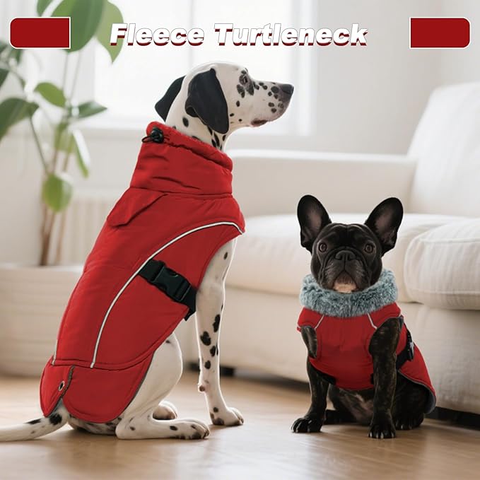 DENTRUN Winter Warm Dog Coat Reflective Jacket with Turtleneck for Cold Weather, Adjustable Buckle Windproof Water Repellent, Thick Snowsuit Fleece Vest for Small, Medium, Large Dogs, Red, XL