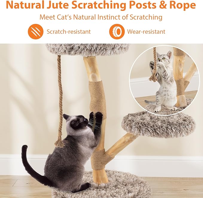 PETSITE 35.5-inch Wood Cat Tree, Multi-Level Real Pear Wood Modern Cat Tower with Jute Scratching Posts, Jute Rope, Cozy Top Perch, Jumping Platform, Soft Long Plush Covered