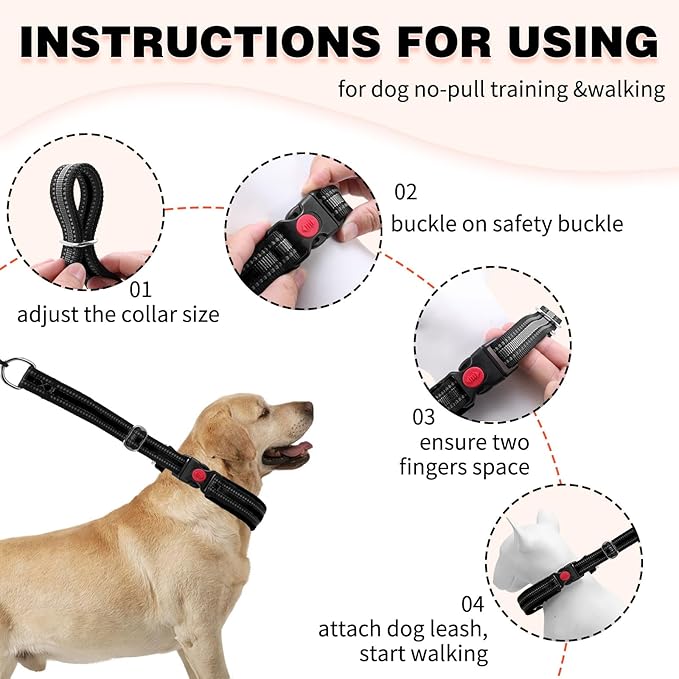 Martingale No Pull Dog Collar for Large Medium Small Dogs, Heavy Duty Nylon Adjustable Reflective Anti Pull Slip Collar with Buckle for Training Walking Hunting L Black