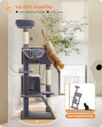 PEQULTI 56.3'' Cat Tree for Large Cats with Super Large Top Perch, Tower for Indoor Cats with Hammock and Sleeping Bag, Cat Shelves with Scratching Posts and 2 Condos Houses Dark Grey