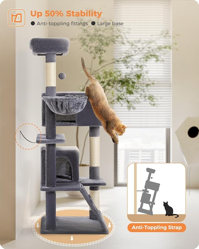 PEQULTI 56.3'' Cat Tree for Large Cats with Super Large Top Perch, Tower for Indoor Cats with Hammock and Sleeping Bag, Cat Shelves with Scratching Posts and 2 Condos Houses Dark Grey