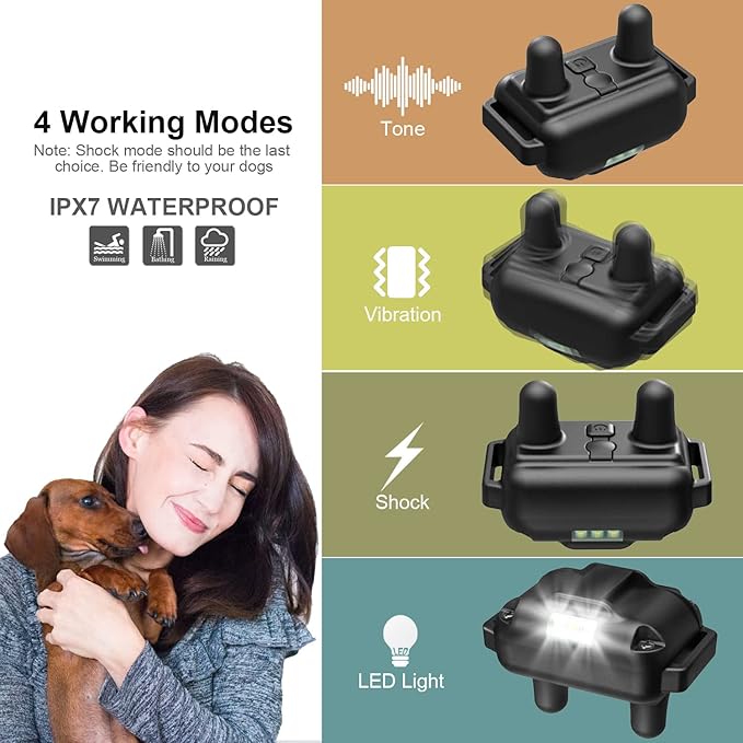 Dog Training Collar for 2 Dogs, 3300ft Remote Dog Shock Collar with Night LED Light, IPX7 Waterproof Rechargeable E-Collar, 4 Modes (Beep, Vibration, Shock) for Small Medium Large Dogs